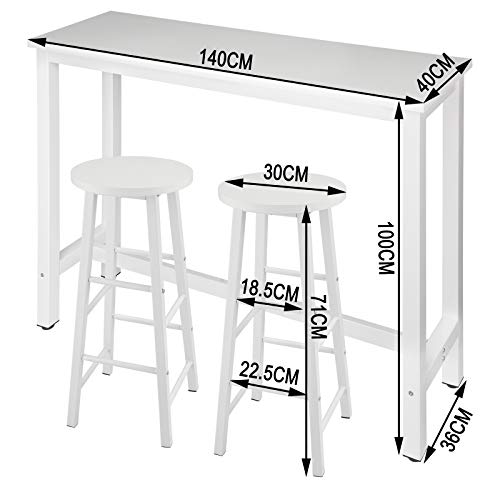 WOLTU Set Mesa de Bar y 2 uds. Taburete de Bar Muebles Cocina Silla de Comedor para Salon Cocina Mesa 140x40x100 cm Estructura de Metal, MDF Blanco BT30ws+BH130ws-2