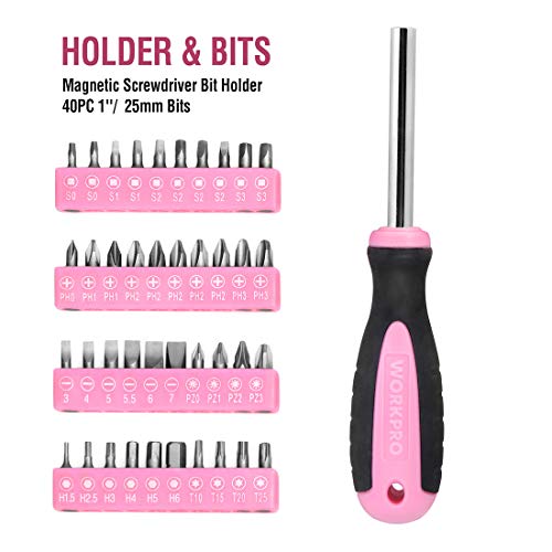 WORKPRO 103 Piezas Juego de Herramientas Portátil para DIY con Bolsa Rosa, Alicates Destornilladores Llaves Martillo para Bricolaje y Reparaciones Diarias, Ideal para Esposa Novia Chicas