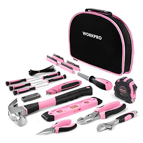 WORKPRO 103 Piezas Juego de Herramientas Portátil para DIY con Bolsa Rosa, Alicates Destornilladores Llaves Martillo para Bricolaje y Reparaciones Diarias, Ideal para Esposa Novia Chicas