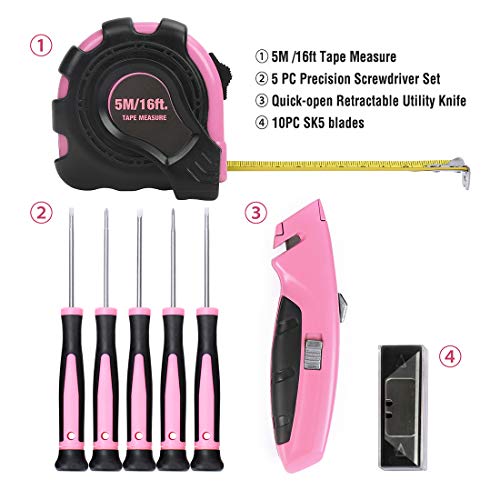 WORKPRO 103 Piezas Juego de Herramientas Portátil para DIY con Bolsa Rosa, Alicates Destornilladores Llaves Martillo para Bricolaje y Reparaciones Diarias, Ideal para Esposa Novia Chicas