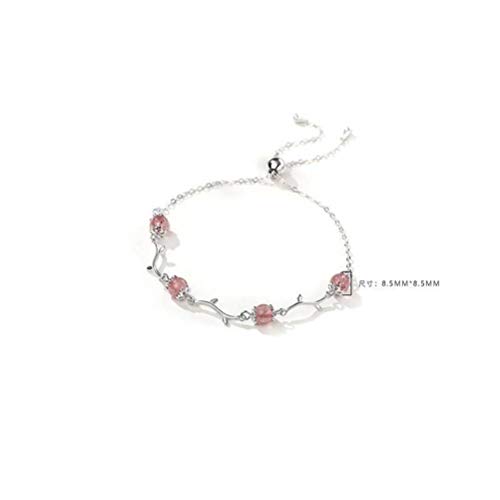 WOZUIMEI S925 Pulsera de Plata Esterlina Pulsera de Cristal de Fresa Pulsera de Plata Esterlina Aguamarina Femenina Truco de Cristal Flor de Durazno Pulsera de Rama de Árbol Simplefresa, Plata 925