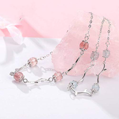 WOZUIMEI S925 Pulsera de Plata Esterlina Pulsera de Cristal de Fresa Pulsera de Plata Esterlina Aguamarina Femenina Truco de Cristal Flor de Durazno Pulsera de Rama de Árbol Simplefresa, Plata 925