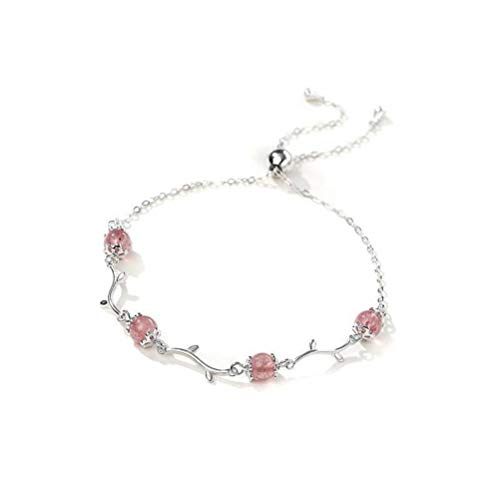 WOZUIMEI S925 Pulsera de Plata Esterlina Pulsera de Cristal de Fresa Pulsera de Plata Esterlina Aguamarina Femenina Truco de Cristal Flor de Durazno Pulsera de Rama de Árbol Simplefresa, Plata 925