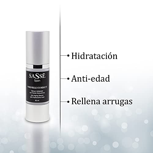 WRINKLE CORRECT - Sérum Antiedad Con Ácido Hialurónico De Bajo Peso Molecular. Hidrata. 30 Ml. Producto Natural Y Vegano. Fabricado En España. Premios Innovación, e I+d. Sasse, Trasnsparente