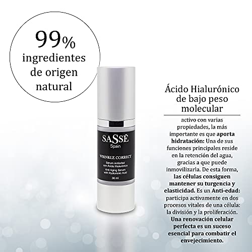 WRINKLE CORRECT - Sérum Antiedad Con Ácido Hialurónico De Bajo Peso Molecular. Hidrata. 30 Ml. Producto Natural Y Vegano. Fabricado En España. Premios Innovación, e I+d. Sasse, Trasnsparente