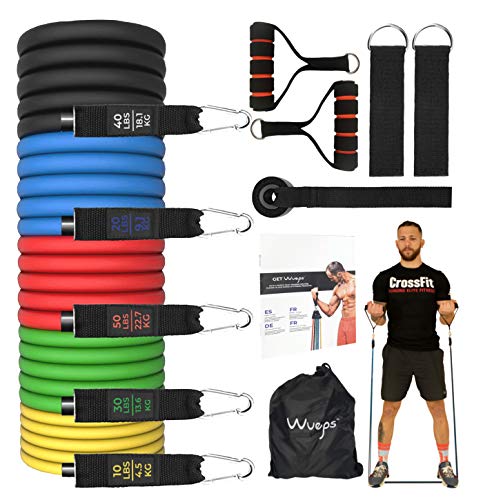 Wueps Bandas elasticas musculacion, Gomas elasticas Fitness, para Entrenar al Aire Libre Gym o en casa - 5 Cintas elásticas musculación/Manijas/Ancla de Puerta/Correas de Tobillo/Bolsa de Transporte