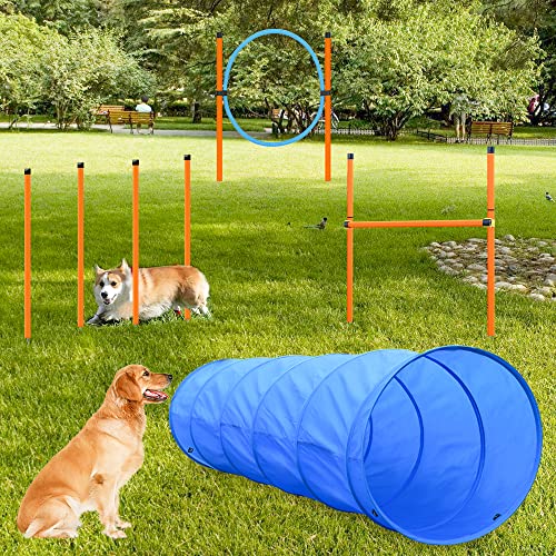 X XBEN Set de Entrenamiento Agilidad Perros - Pet Dogs Outdoor Games Kit de Entrenamiento, 60 * 180cm Túnel para Perros, Eslalom para, Aro para, Vallas, Jump Hoop Dog Agility Starter Equipment