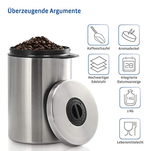 Xavax | Bote hermético para café con Cuchara (Lata para café con Cierre hermético Giratorio, Capacidad de 1kg, Tarro Resistente a la luz y a la Humedad, Protege el Aroma, Acero Inoxidable) Gris