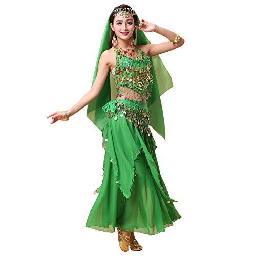 Xinvivion 4 Piezas Mujer Señoras Danza del Vientre Profesional Conjunto de Vestuario Danza India Rendimiento Outfit Traje (Verde Oscuro,Ajuste 35-45 KG)