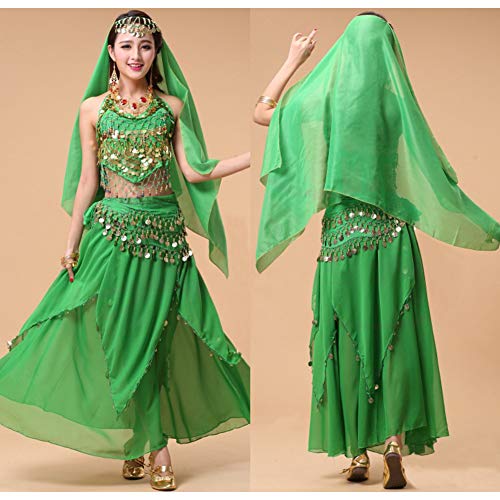 Xinvivion 4 Piezas Mujer Señoras Danza del Vientre Profesional Conjunto de Vestuario Danza India Rendimiento Outfit Traje (Verde Oscuro,Ajuste 35-45 KG)