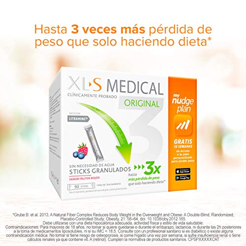 XLS Medical Captagrasas,Incluye tu plan personalizado Nudge Gratis 12 semanas para perder peso,Pierde 3 veces más peso que sólo haciendo Dieta,Capta 28% de la Grasa Ingerida,90 Stick,Tratamiento 1 mes