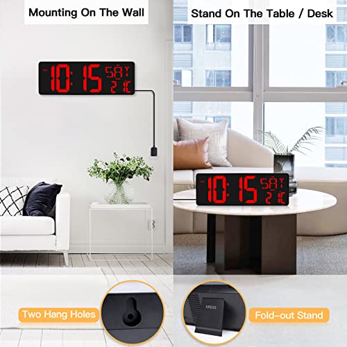 XREXS Despertador Digital con Control Remoto, 16,5'' Reloj de Pared LED Digital, Reloj Despertador Digital con Brillo Ajustable, Despertador Digital Pilas con Hora/Fecha/Temperatura (Batería Incluida)