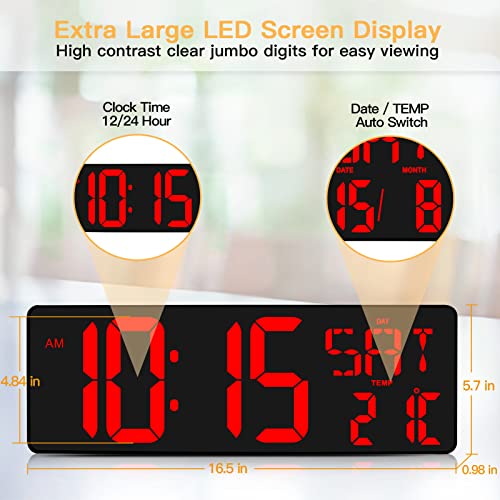 XREXS Despertador Digital con Control Remoto, 16,5'' Reloj de Pared LED Digital, Reloj Despertador Digital con Brillo Ajustable, Despertador Digital Pilas con Hora/Fecha/Temperatura (Batería Incluida)