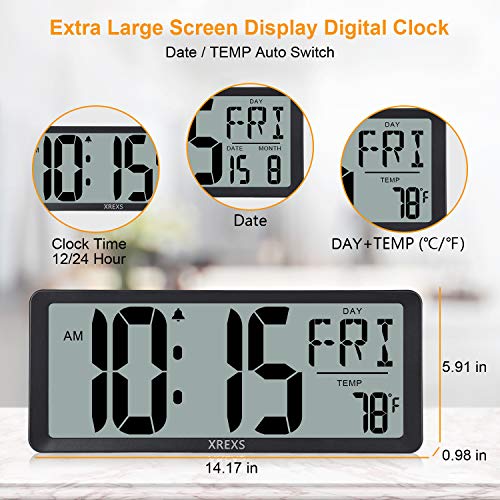 XREXS Reloj de Pared Digital, 13,46" Reloj Digital Pared, Reloj Despertador Digital con Función de Repetición, Reloj de Escritorio Digital con Hora/Calendario/Temperatura (Batería Incluida)