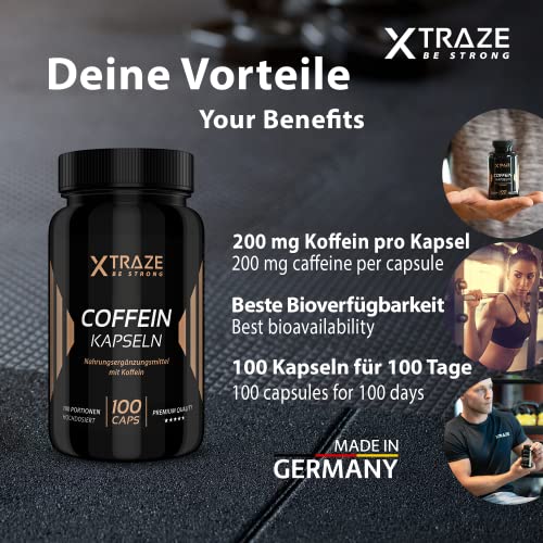 XTRAZE® Cafeína Pura en Cápsulas 200 mg de Dosis Alta, 100 Cápsulas Durante 100 Días de Uso Continuo, sin Aditivos Innecesarios, sin Sabor y anhidra, Natural Suplemento, Calidad Alemana