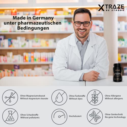 XTRAZE® Cafeína Pura en Cápsulas 200 mg de Dosis Alta, 100 Cápsulas Durante 100 Días de Uso Continuo, sin Aditivos Innecesarios, sin Sabor y anhidra, Natural Suplemento, Calidad Alemana