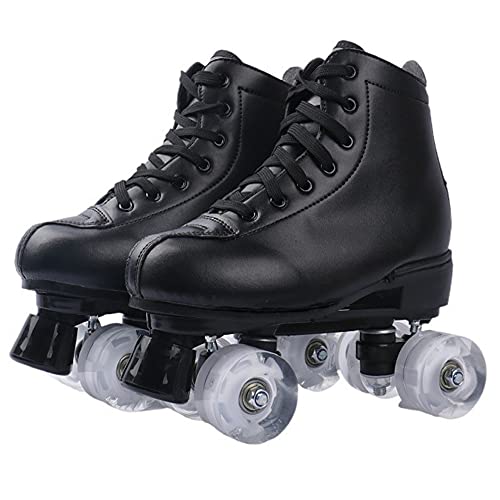 XVBVS Patines de Ruedas para Mujeres y Hombres, Patines Clásicos de Doble Hilera con Ruedas Iluminadas por LED, Patines 4 Ruedas de Cuero de PU para Principiantes, Adolescentes, Adultos (45,Negro)