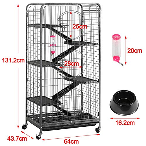 Yaheetech Jaula Hurones Grande con Pie 64x43x131cm Jaulas para Roedores Hamster Caseta para Conejos Enanos Negro