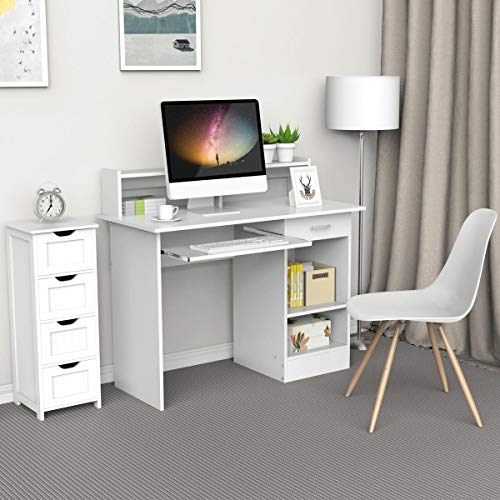 Yaheetech Mesa Escritorio Blanco con Soporte de Monitor para Oficina Despacho Mesa de Ordenador de Madera Mesa de Estudio con Cajón Estantes 106 x 50 x 75 cm