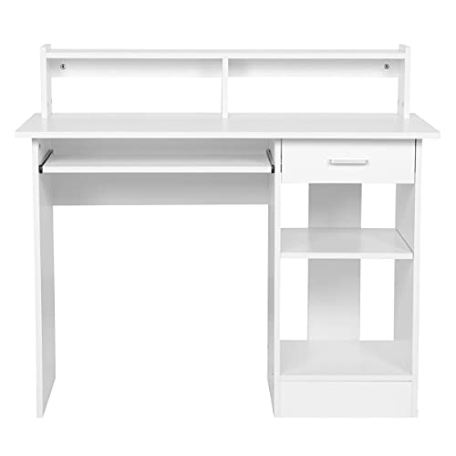 Yaheetech Mesa Escritorio Blanco con Soporte de Monitor para Oficina Despacho Mesa de Ordenador de Madera Mesa de Estudio con Cajón Estantes 106 x 50 x 75 cm