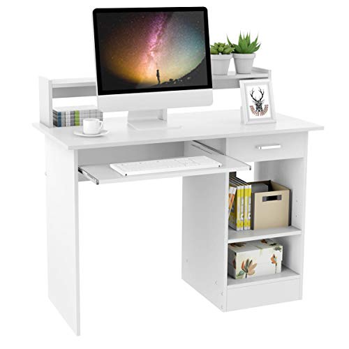 Yaheetech Mesa Escritorio Blanco con Soporte de Monitor para Oficina Despacho Mesa de Ordenador de Madera Mesa de Estudio con Cajón Estantes 106 x 50 x 75 cm