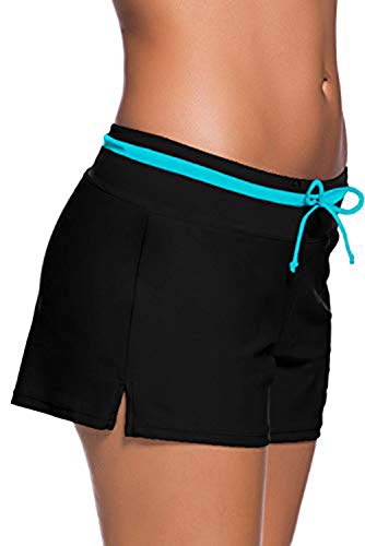 Yavero Shorts de Baño Mujer Bañador Short Deportes Acuáticos Shorts de Natación Secado Rápido Bermudas de Baño Mujer Cortos con Cordón Ajustables Azul Negro M