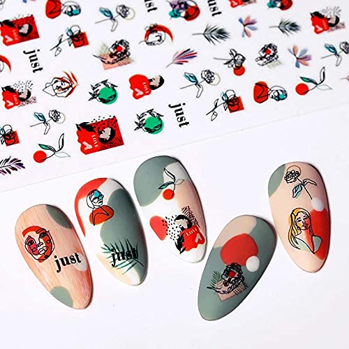 Yeahbo Pegatinas para Uñas Semipermanentes, Decorativas Uñas Graffiti 6 Hojas Pegatinas Uñas Semipermanentes Nail Art Plantillas Uñas Decoracion Niñas Autoadhesiva Abstract Lady Face Rose Leaf