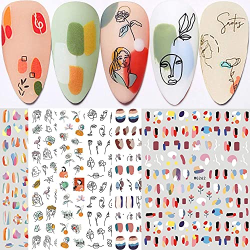 Yeahbo Pegatinas para Uñas Semipermanentes, Decorativas Uñas Graffiti 6 Hojas Pegatinas Uñas Semipermanentes Nail Art Plantillas Uñas Decoracion Niñas Autoadhesiva Abstract Lady Face Rose Leaf