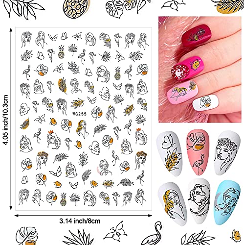 Yeahbo Pegatinas para Uñas Semipermanentes, Decorativas Uñas Graffiti 6 Hojas Pegatinas Uñas Semipermanentes Nail Art Plantillas Uñas Decoracion Niñas Autoadhesiva Abstract Lady Face Rose Leaf