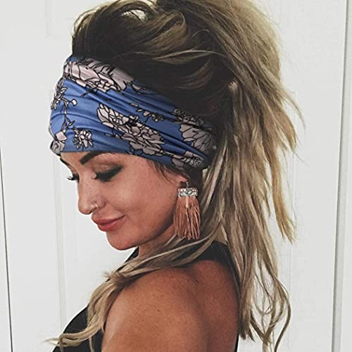 Yean Diademas de yoga bohemias anchas elásticas para el cabello azul, accesorios para el cabello para mujeres y niñas (paquete de 3) (envolturas para el cabello de yoga2)