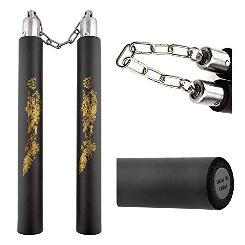 Yeemg Nunchaku Nunchucks Mango Envuelto en Espuma y Cadena Giratoria Acero Nunchaku de Goma para Prácticas de Entrenamiento de Artes Marciales y Principiante (Negro)