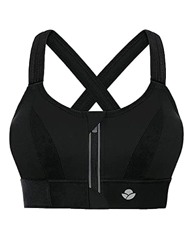 YIANNA Sujetador Deportivo Mujer Alto Impacto con Relleno Cremallera Cierre Delantero Tallas Grandes Sujetadores sin Aros Yoga Sports Bra Negro, 151 Size XL