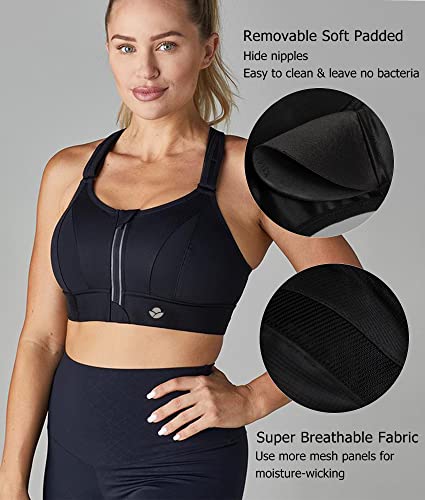 YIANNA Sujetador Deportivo Mujer Alto Impacto con Relleno Cremallera Cierre Delantero Tallas Grandes Sujetadores sin Aros Yoga Sports Bra Negro, 151 Size XL