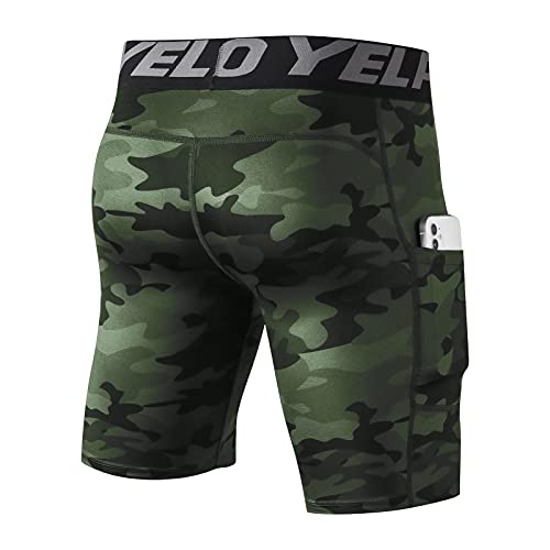 Yishengwan Mallas Cortas Hombre Secado Rápido con Bolsillo Pantalones Cortos de Compresión para Correr Gimnasio Fitness Gym Verde Camuflaje XXL