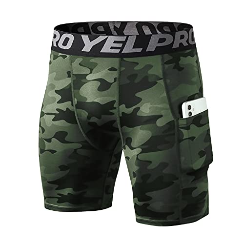 Yishengwan Mallas Cortas Hombre Secado Rápido con Bolsillo Pantalones Cortos de Compresión para Correr Gimnasio Fitness Gym Verde Camuflaje XXL