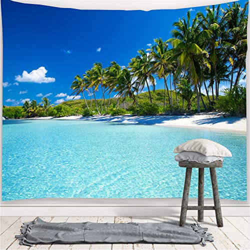 YISURE Tapiz de playa tropical para dormitorio estético, tapiz de paisaje costero, 203 x 152 cm, tapiz para colgar en la pared del cielo azul, para decoración del hogar