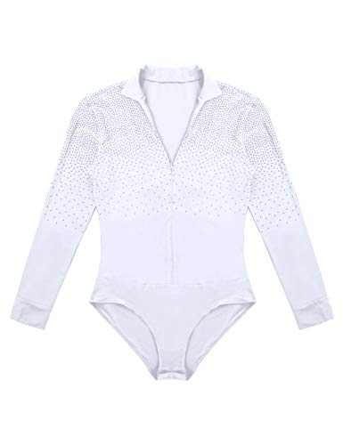 YiZYiF Mailot Danza Hombres Chicos Camiseta Baile Latino Body Pantinaje Artístico Maillot Brillo con Lentejuelas Leotardo Mono Danza Moderna Baile Jazz Actuación Blanco Medium