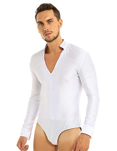 YiZYiF Mailot Danza Hombres Chicos Camiseta Baile Latino Body Pantinaje Artístico Maillot Brillo con Lentejuelas Leotardo Mono Danza Moderna Baile Jazz Actuación Blanco Medium