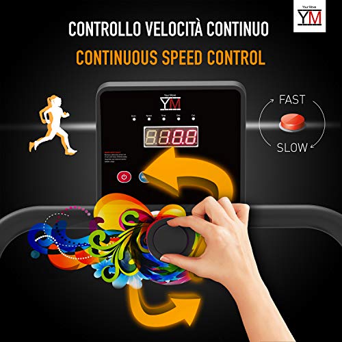 YM TAP100DIM - Cinta de correr eléctrica plegable, 10 km/h, control continuo de velocidad, soporte para tablet y smartphone, alfombra multicapa Maxi-Grip, ahorra espacio, 750 W (1800 W/2,5 HP pico)