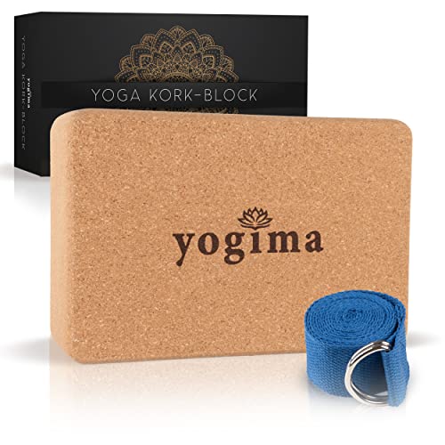 YOGIMA Bloque de corcho para yoga y pilates (22,5 x 15 x 7,5 cm) – Bloque de corcho natural para yoga y pilates con correa de yoga de 183 cm