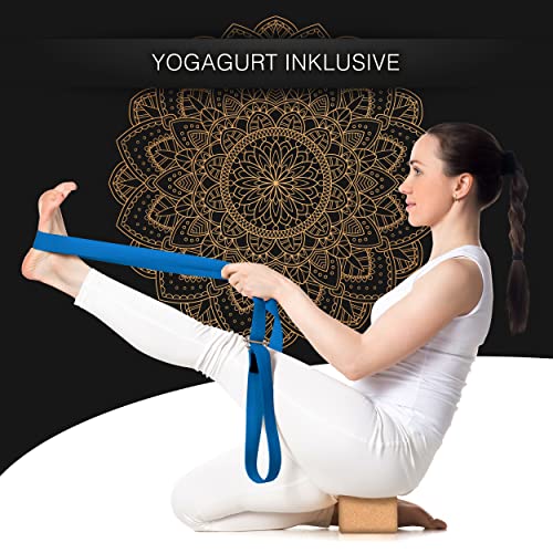 YOGIMA Bloque de corcho para yoga y pilates (22,5 x 15 x 7,5 cm) – Bloque de corcho natural para yoga y pilates con correa de yoga de 183 cm