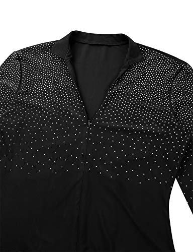 YOOJIA Hombre Camisa de Danza Latina Tango Body Baile Manga Larga Escote Cuello en V con Diamantes Brillante Traje de Bailarina Actuación Negro Medium