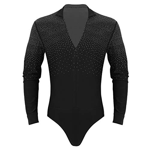 YOOJIA Hombre Camisa de Danza Latina Tango Body Baile Manga Larga Escote Cuello en V con Diamantes Brillante Traje de Bailarina Actuación Negro Medium