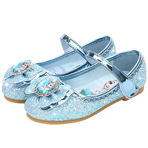 YOSICIL Zapatos de la Princesa Elsa niñas con Lentejuela Zapato de Disfraz Elsa Frozen de Princesa Disfraz Sandalias con Velcro Tacón Zapatos de Fiesta Halloween Cumpleaños Azul EU22-35,Azul，26