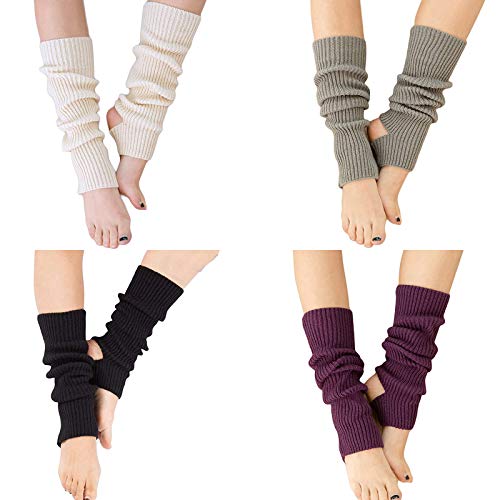 YUANQIAN Calentadores de piernas de punto para mujer, extra suaves sobre la rodilla, sin pies, para yoga, ballet, danza (negro, blanco, gris, morado, 4 pares)