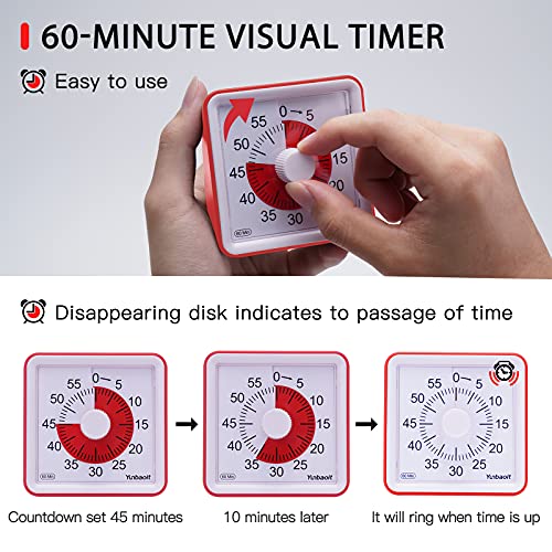 Yunbaoit - Temporizador analógico Visual, Cuenta atrás silencioso, Herramienta de gestión del Tiempo para niños y Adultos (Rojo)