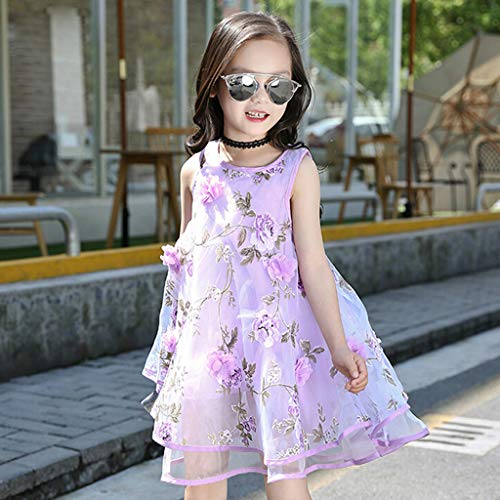 YWLINK Vestido NiñA,Verano Sin Mangas Vestido De La Flor del Chaleco del Fleco del Organza De Las Flores 3D,Vestido De La Princesa De La Boda Fiesta Regalo De CumpleañOs(Púrpura,6-7 años/130)