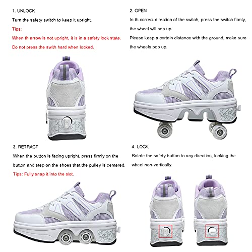 YXHUI Zapatos con Ruedas de Deformación Patines con Rueda de Deformación de Doble Fila Automático y 7 Barras de Luz Que Cambian de Color Zapatos de Patinaje para Niños Adultos,Purple-EU35/UK2