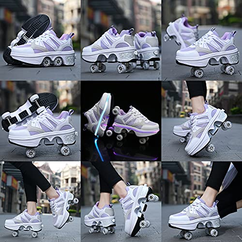 YXHUI Zapatos con Ruedas de Deformación Patines con Rueda de Deformación de Doble Fila Automático y 7 Barras de Luz Que Cambian de Color Zapatos de Patinaje para Niños Adultos,Purple-EU35/UK2