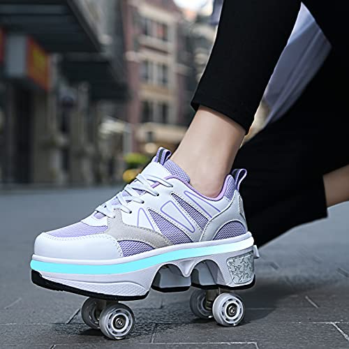 YXHUI Zapatos con Ruedas de Deformación Patines con Rueda de Deformación de Doble Fila Automático y 7 Barras de Luz Que Cambian de Color Zapatos de Patinaje para Niños Adultos,Purple-EU35/UK2